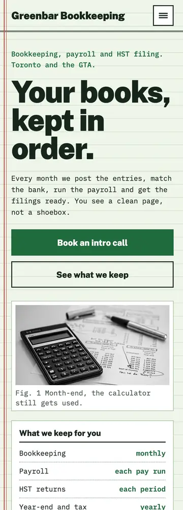 Greenbar Bookkeeping, Ledger sheet, mobile home page