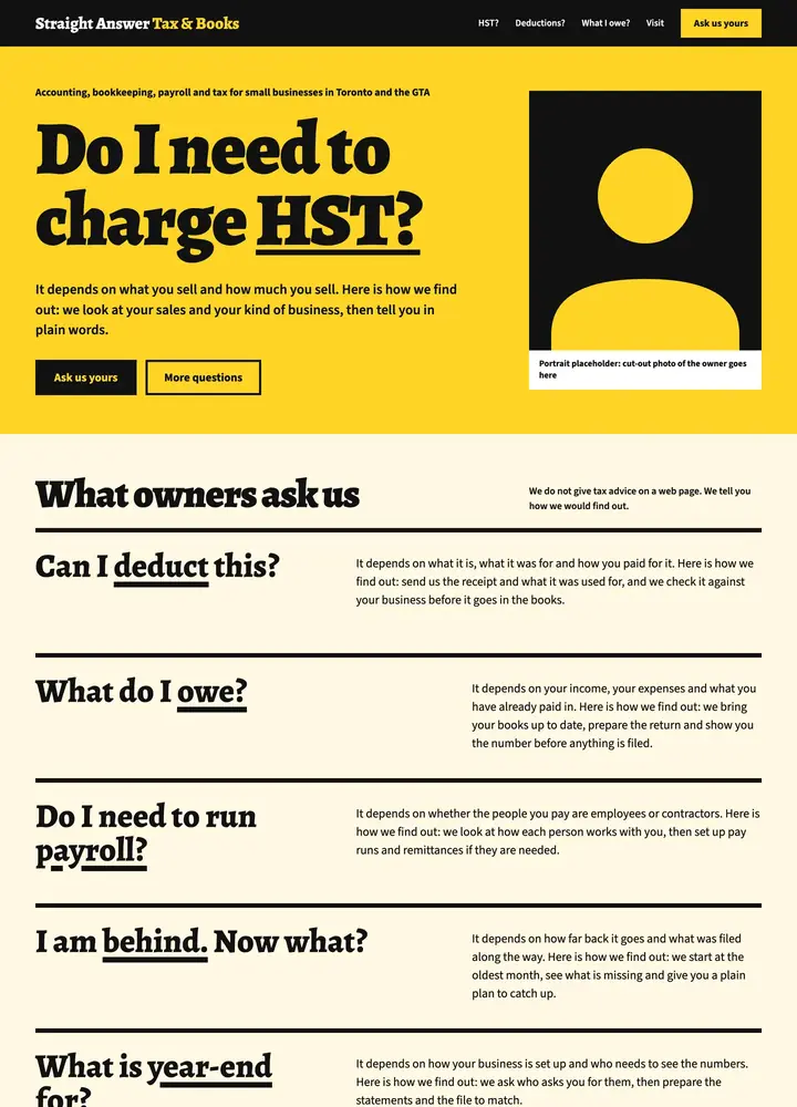 Straight Answer Tax & Books, Plain-talk questions, desktop home page