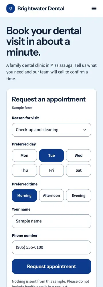 Brightwater Dental, Calm clinical, booking first, mobile home page