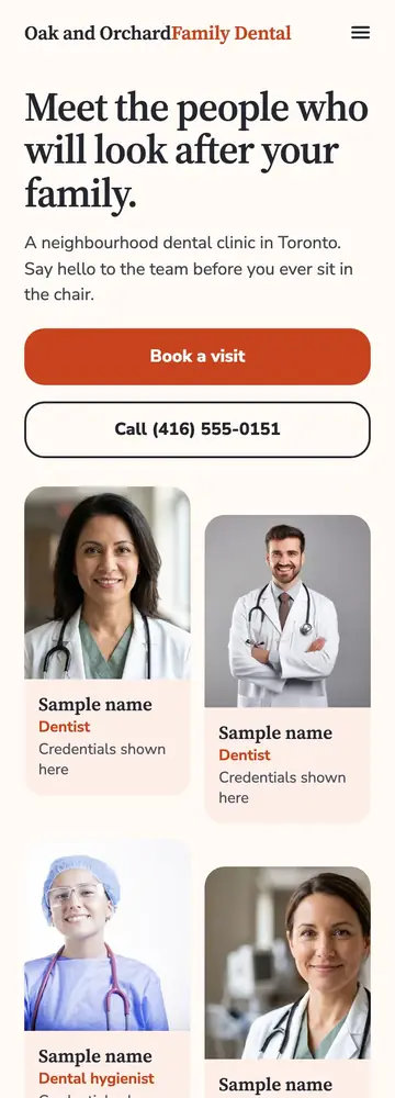 Oak and Orchard Family Dental, Meet the team, mobile home page