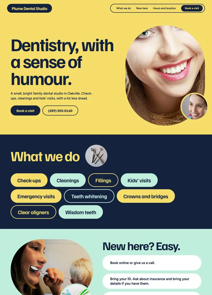 Plume Dental Studio, Boutique bold, desktop home page