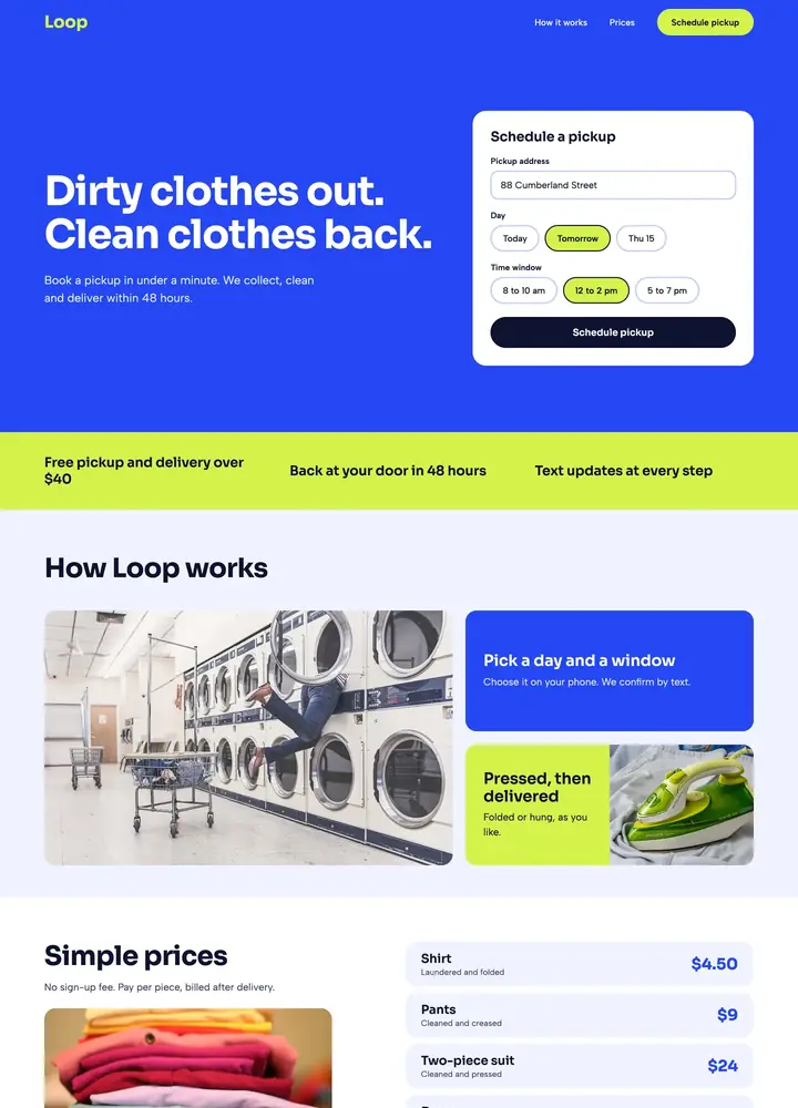 Loop Cleaners, App-style pickup booking, desktop home page