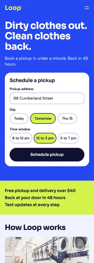 Loop Cleaners, App-style pickup booking, mobile home page