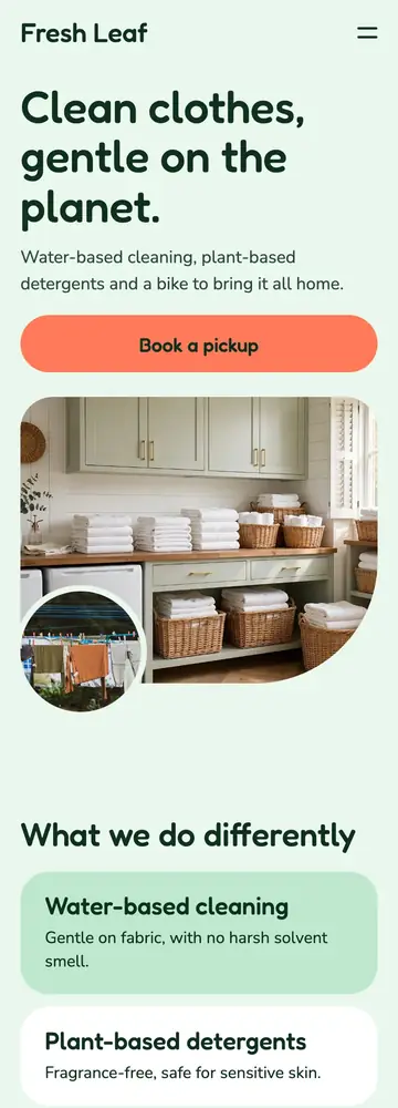 Fresh Leaf Cleaners, Soft, rounded eco cleaner, mobile home page