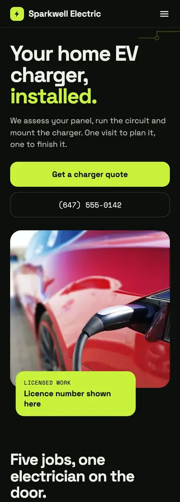 Sparkwell Electric, Dark circuit bento, EV charger first, mobile home page