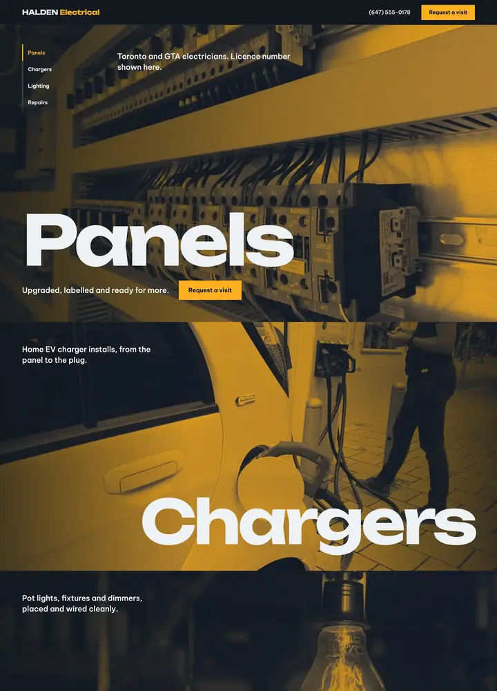 Halden Electrical, Full-bleed amber photo sequence, desktop home page