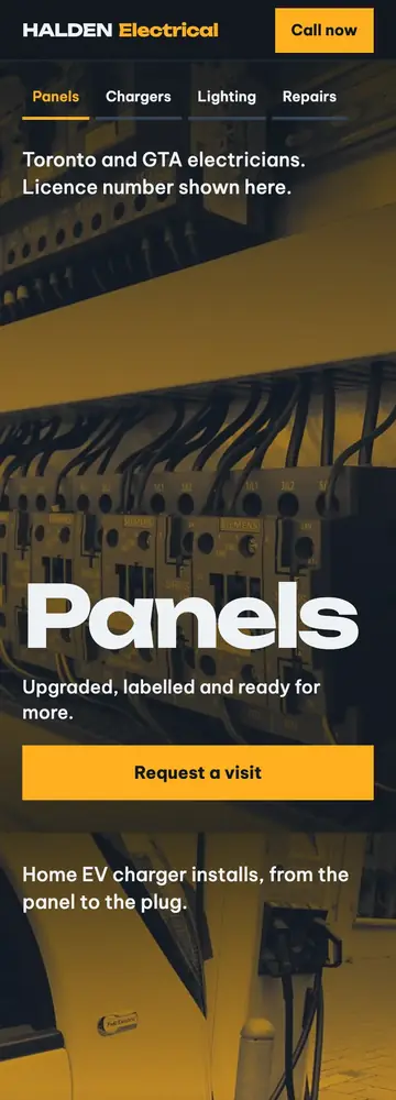 Halden Electrical, Full-bleed amber photo sequence, mobile home page