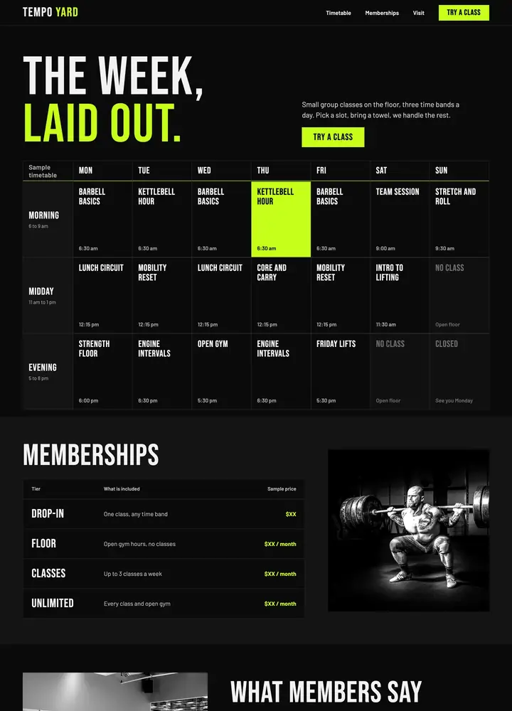 Tempo Yard, Timetable first, desktop home page