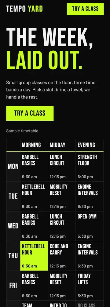Tempo Yard, Timetable first, mobile home page