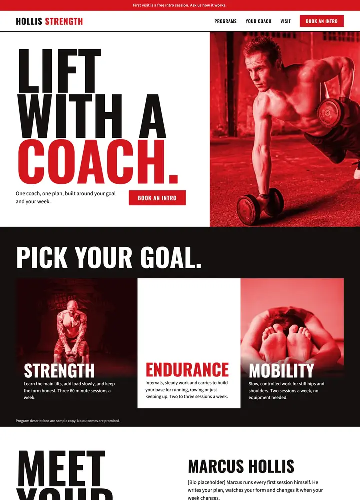 Hollis Strength Coaching, Coach poster, desktop home page