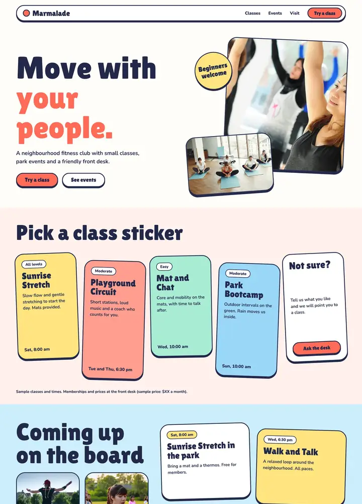 Marmalade Movement Club, Clubhouse stickers, desktop home page