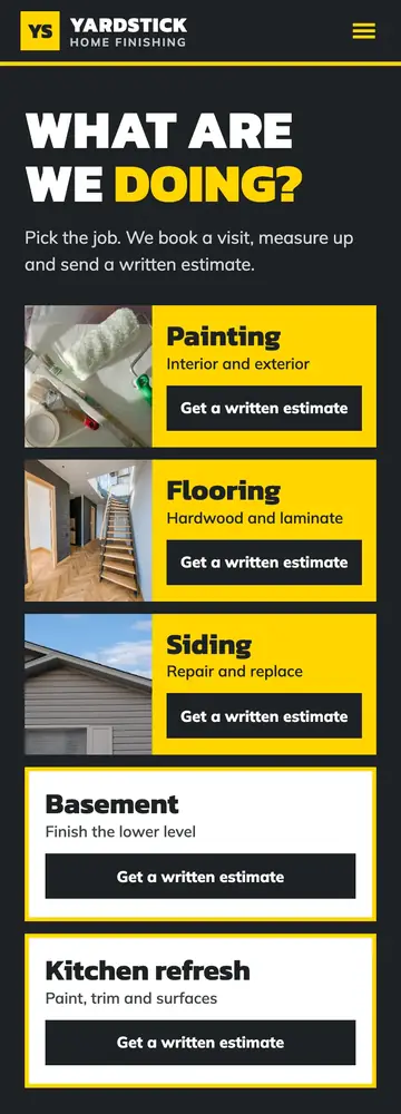 Yardstick Home Finishing, Project estimator front, mobile home page
