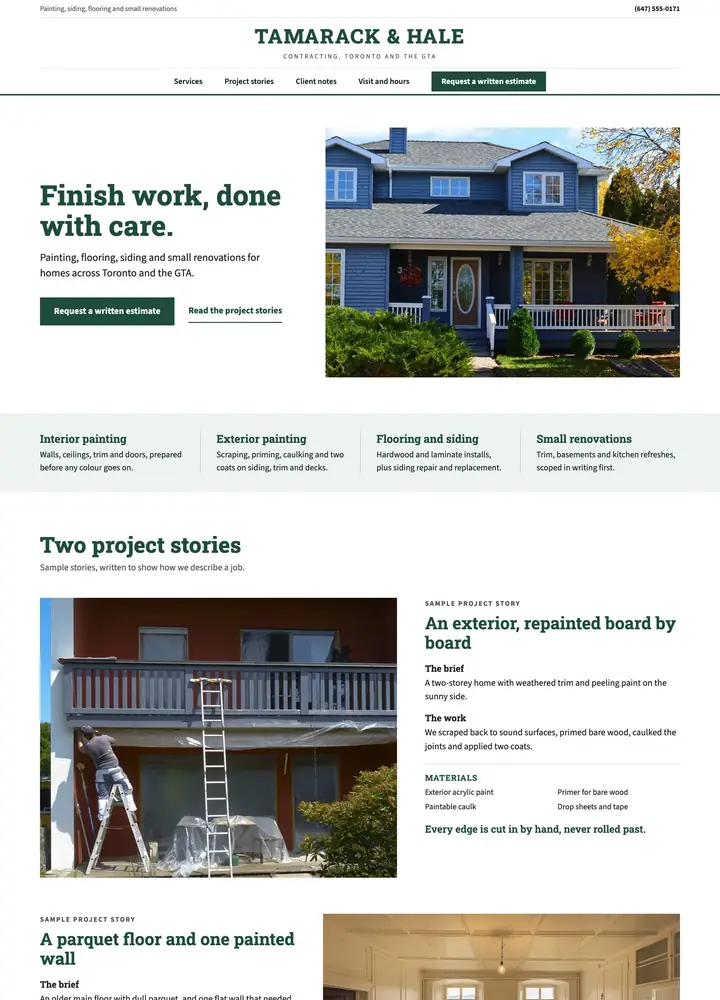 Tamarack & Hale Contracting, Craft portfolio, magazine stories, desktop home page