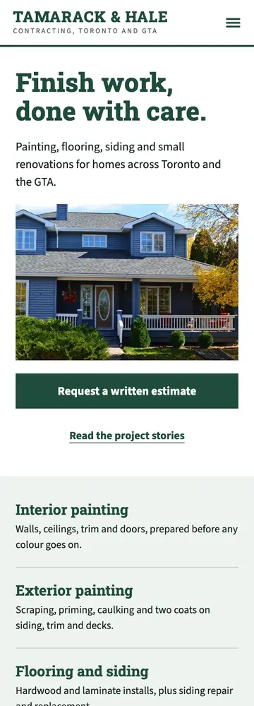 Tamarack & Hale Contracting, Craft portfolio, magazine stories, mobile home page