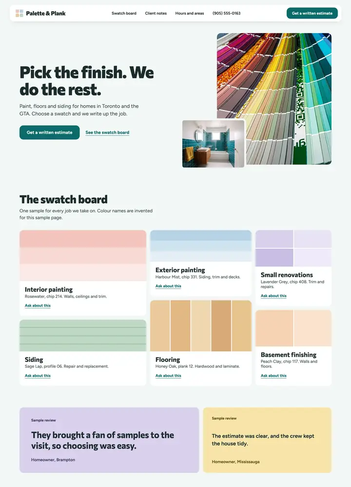 Palette & Plank, Swatch board, desktop home page