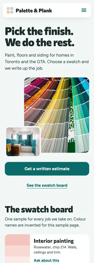 Palette & Plank, Swatch board, mobile home page