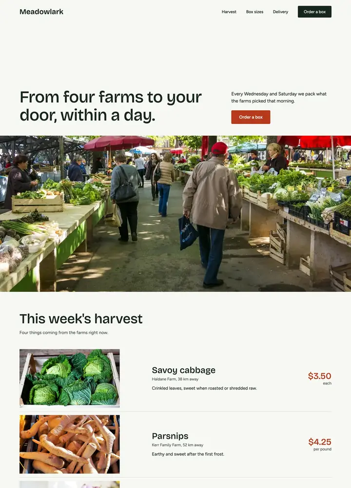 Meadowlark Farm Box, Calm farm story, desktop home page