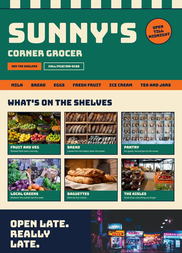 Sunny's Corner Grocer, Giant painted shop sign, desktop home page