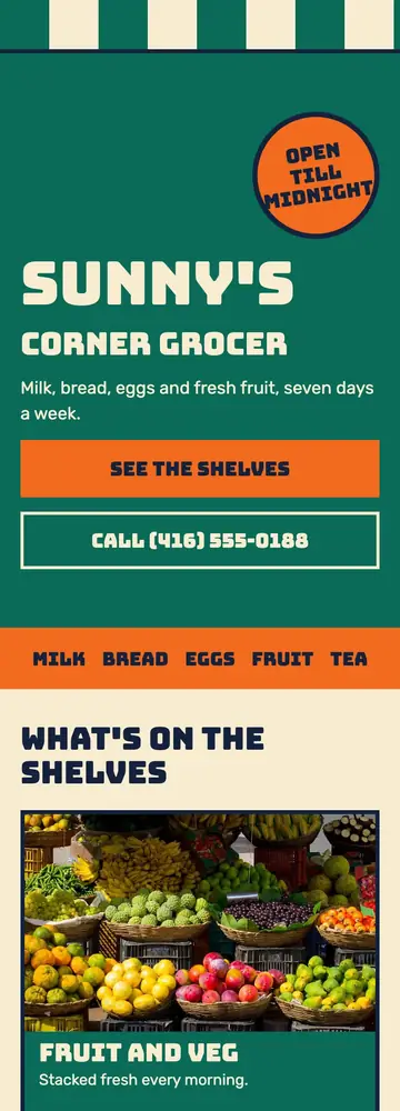Sunny's Corner Grocer, Giant painted shop sign, mobile home page