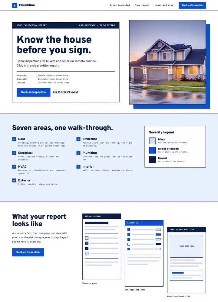 Plumbline Home Inspections, Report-shaped page, desktop home page