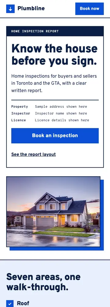Plumbline Home Inspections, Report-shaped page, mobile home page