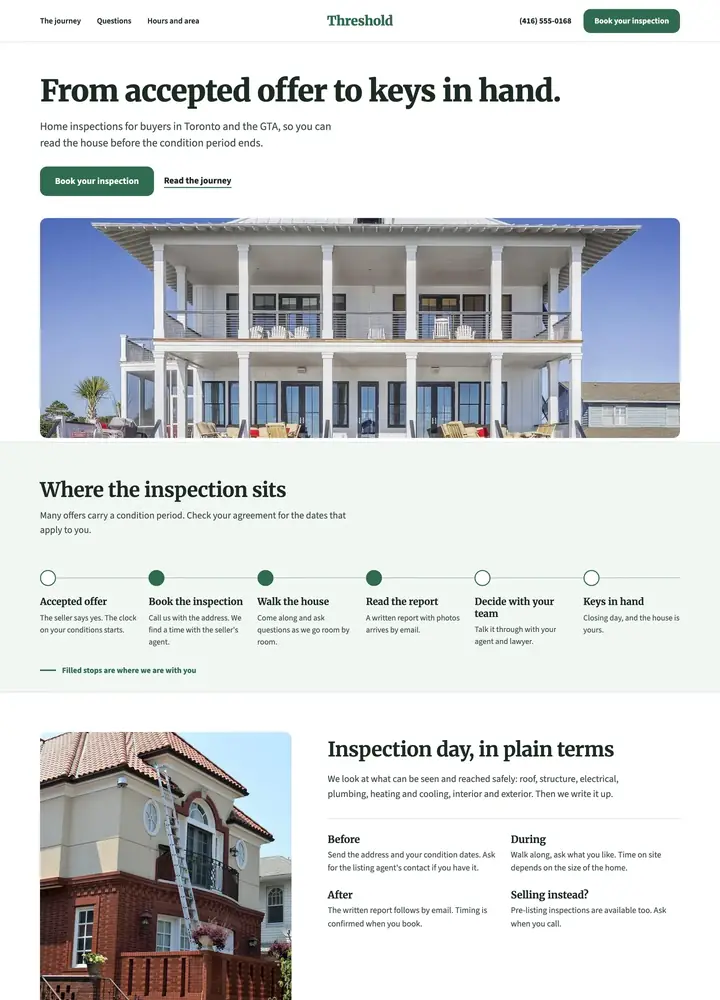 Threshold Home Inspection, Offer to keys, for buyers, desktop home page
