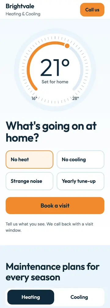 Brightvale Heating & Cooling, Comfort dial and symptom chooser, mobile home page
