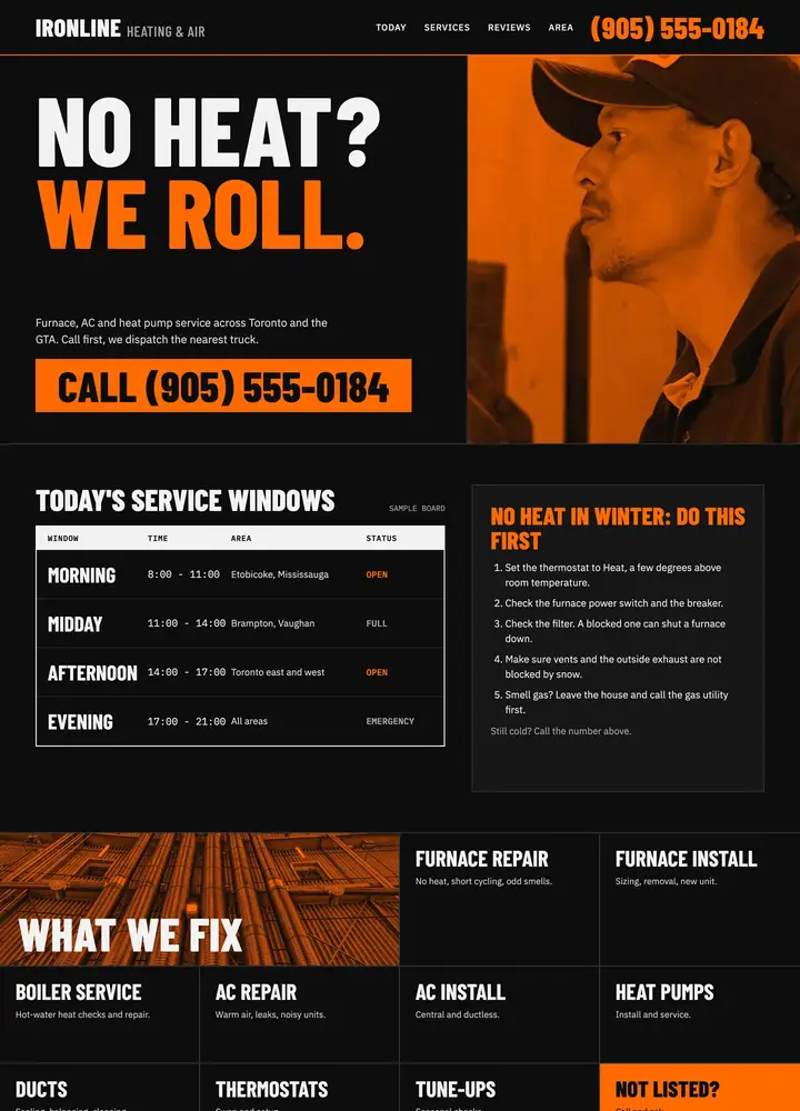 Ironline Heating & Air, Call-first dispatch board, desktop home page