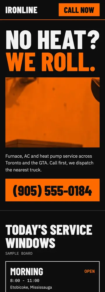 Ironline Heating & Air, Call-first dispatch board, mobile home page