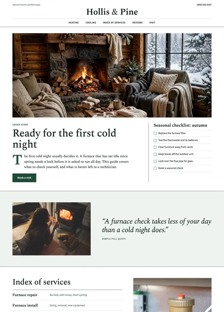 Hollis & Pine Home Comfort, Seasonal home-comfort magazine, desktop home page