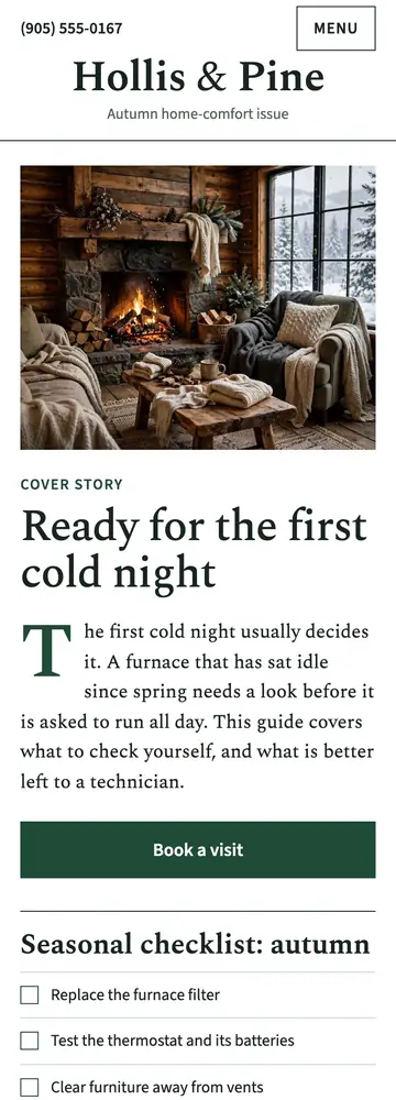 Hollis & Pine Home Comfort, Seasonal home-comfort magazine, mobile home page