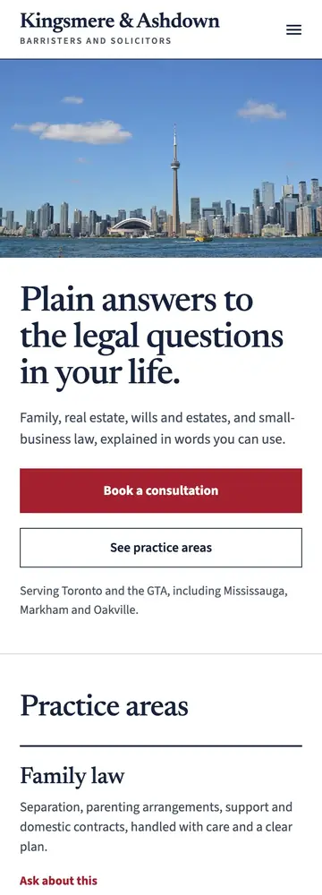 Kingsmere & Ashdown LLP, Classic letterhead firm, mobile home page