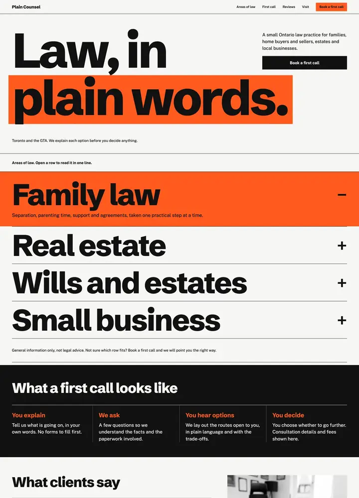 Plain Counsel, Practice-area index, desktop home page