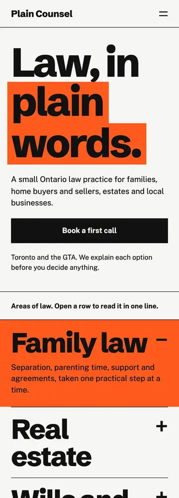 Plain Counsel, Practice-area index, mobile home page