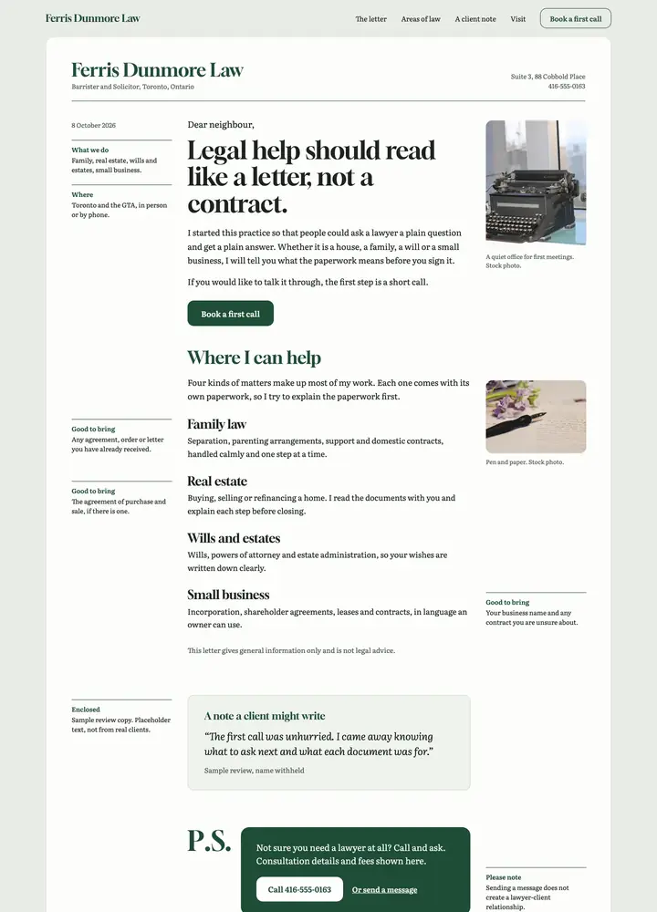 Ferris Dunmore Law, Letter from the partner, desktop home page