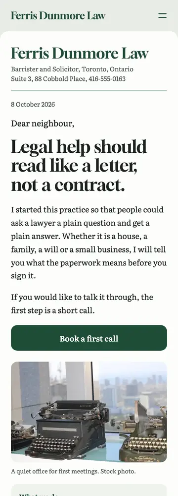 Ferris Dunmore Law, Letter from the partner, mobile home page