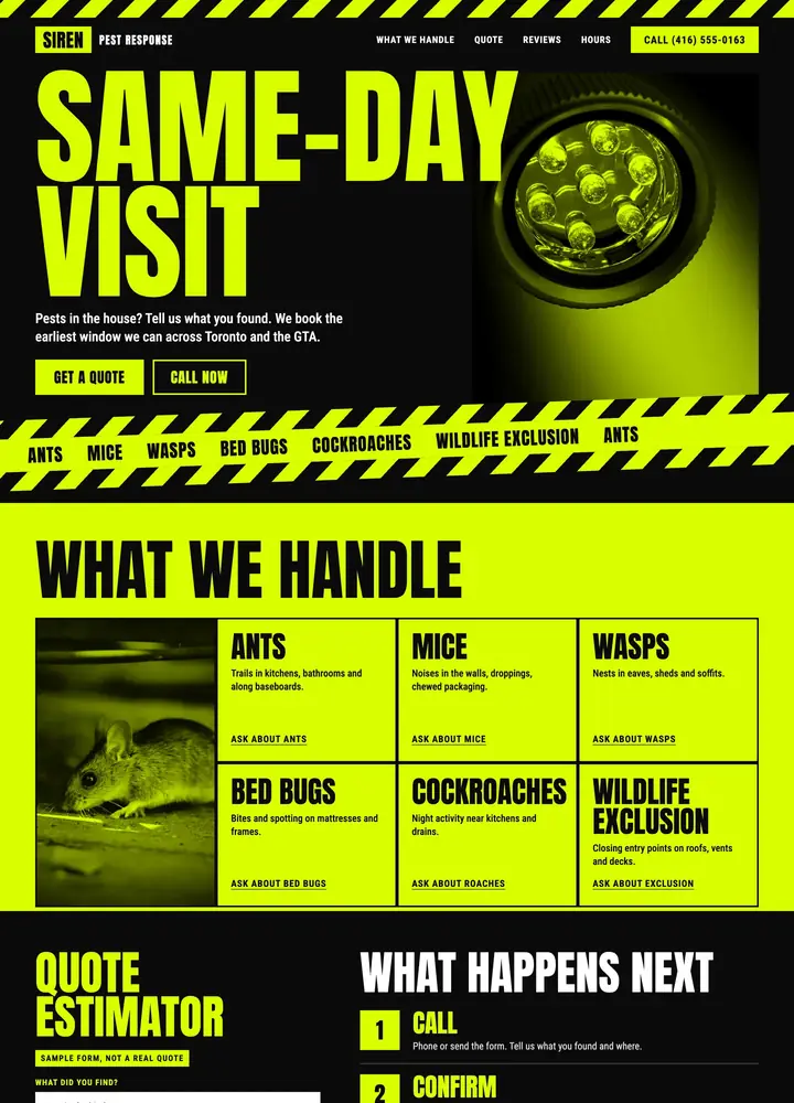 Siren Pest Response, Hazard tape, same-day visit, desktop home page