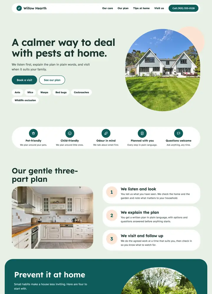 Willow Hearth Home Pest Care, Calm, family-safe and soft, desktop home page