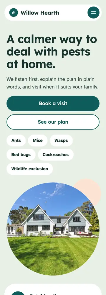 Willow Hearth Home Pest Care, Calm, family-safe and soft, mobile home page
