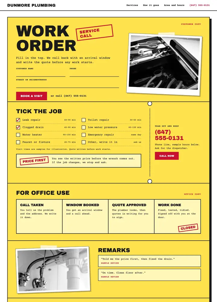 Dunmore Plumbing Service, Carbon-copy work order, desktop home page