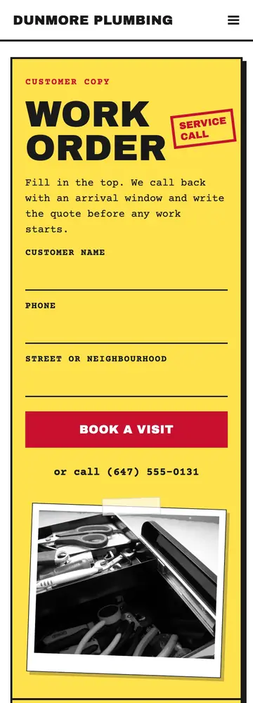 Dunmore Plumbing Service, Carbon-copy work order, mobile home page
