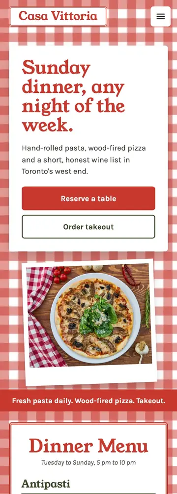 Casa Vittoria, Printed menu on gingham, mobile home page