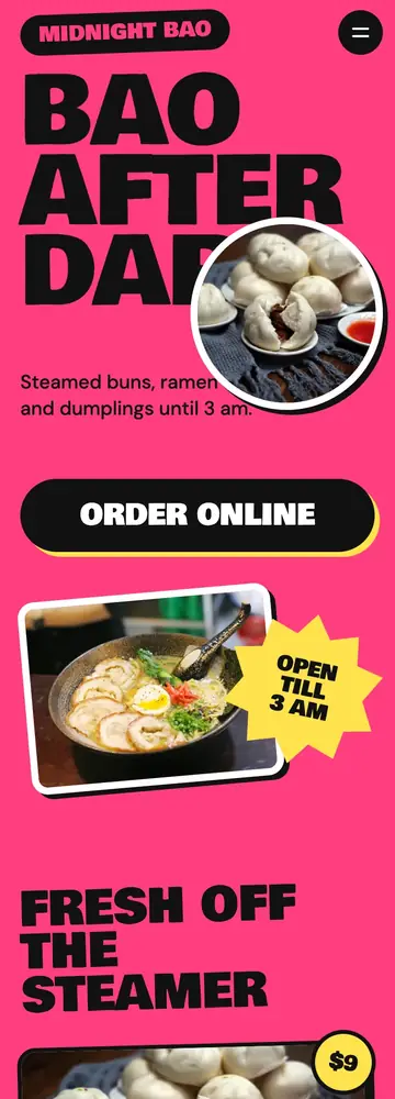 Midnight Bao, Sticker collage, order first, mobile home page