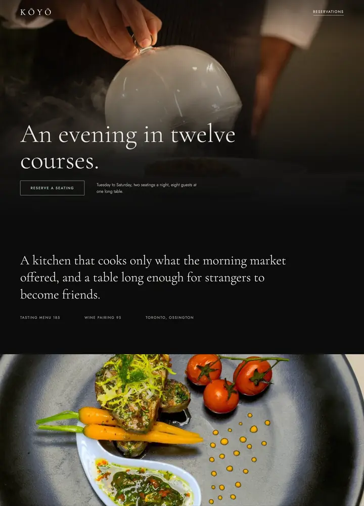 Koyo, Dark cinematic tasting room, desktop home page