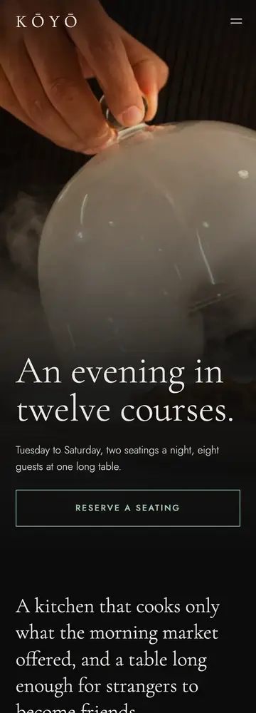 Koyo, Dark cinematic tasting room, mobile home page