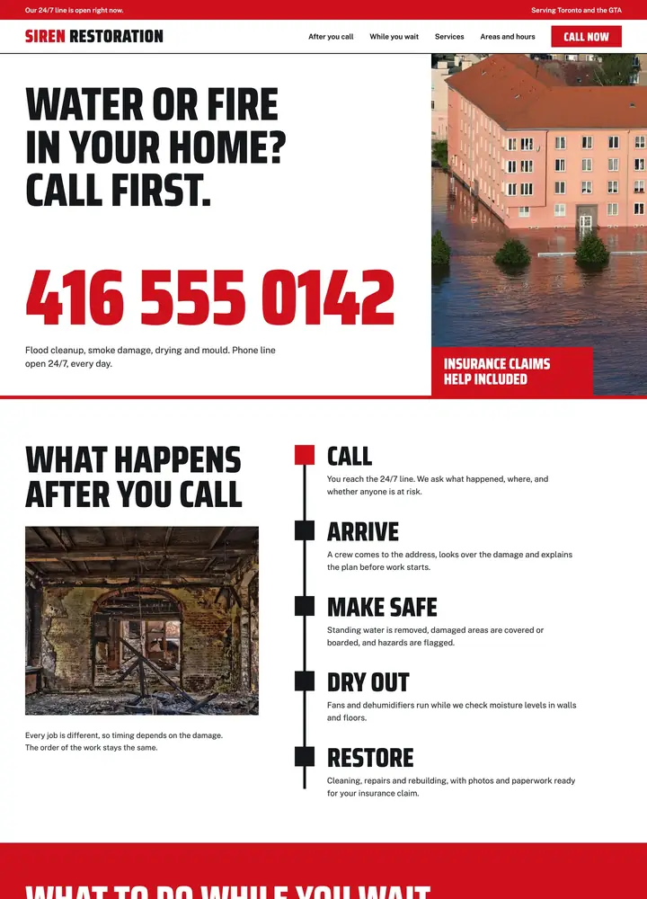 Siren Restoration, Hotline-first emergency page, desktop home page