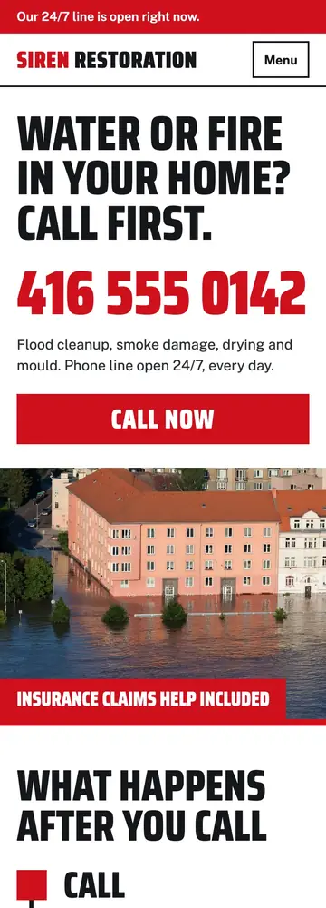 Siren Restoration, Hotline-first emergency page, mobile home page