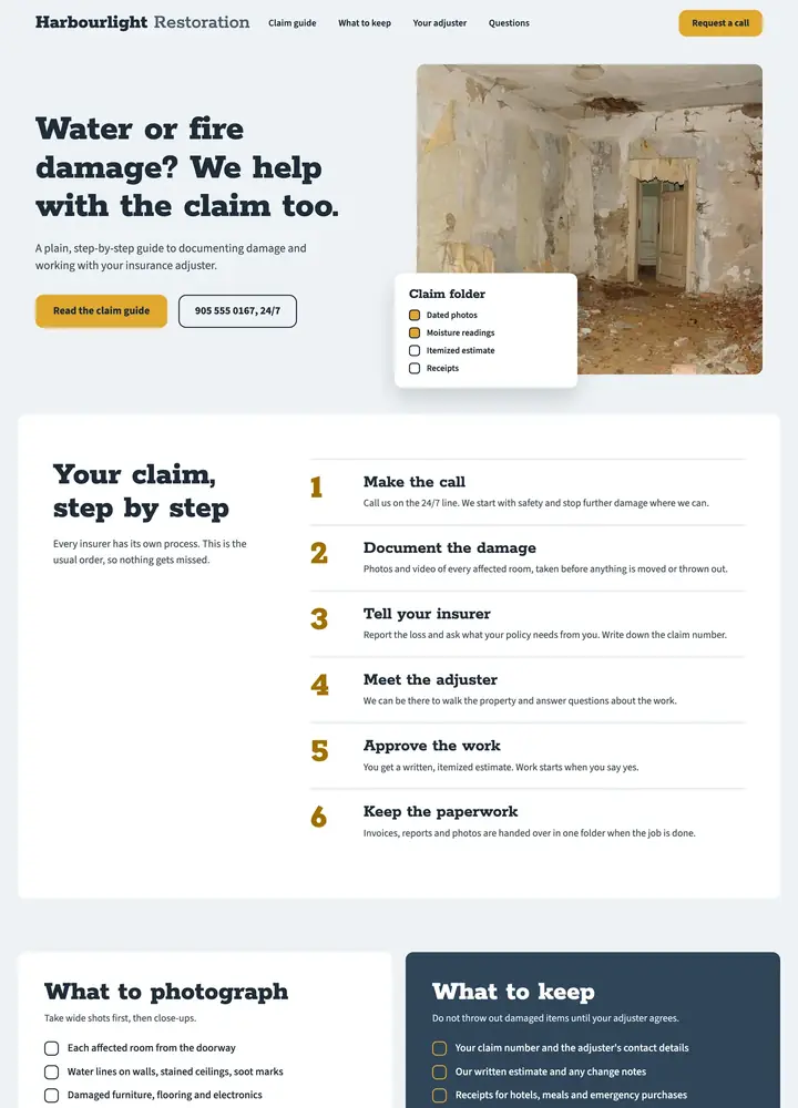 Harbourlight Restoration, Insurance claim guide, desktop home page