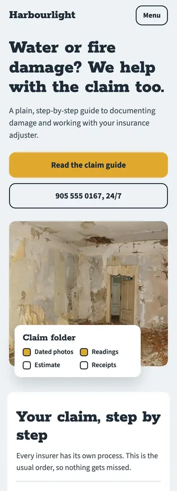 Harbourlight Restoration, Insurance claim guide, mobile home page