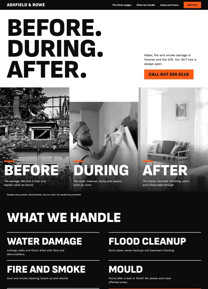 Ashfield & Rowe Restoration, Before, during, after story, desktop home page